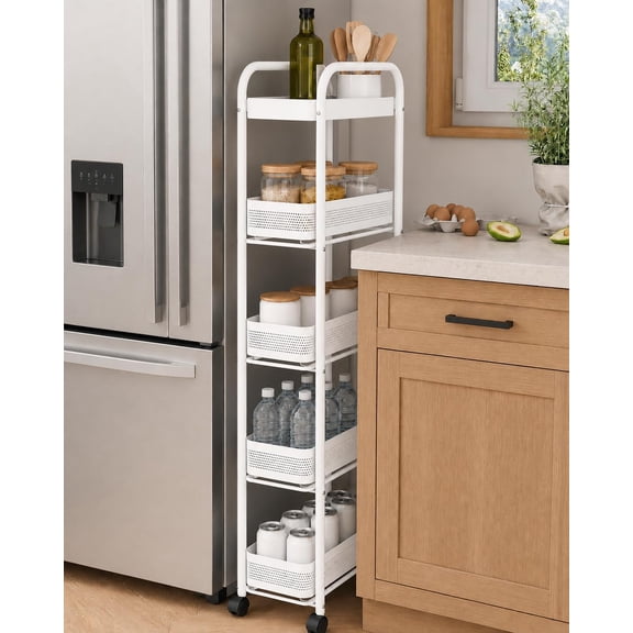 Vonieion 5 Tier Slim Storage Cart,Bathroom Organizer Rolling Utility,Mobile Shelving Unit Utility Cart for Kitchen, Bthroom,Makeup,Craft,Laundry Narrow Places,Behind The Door,White