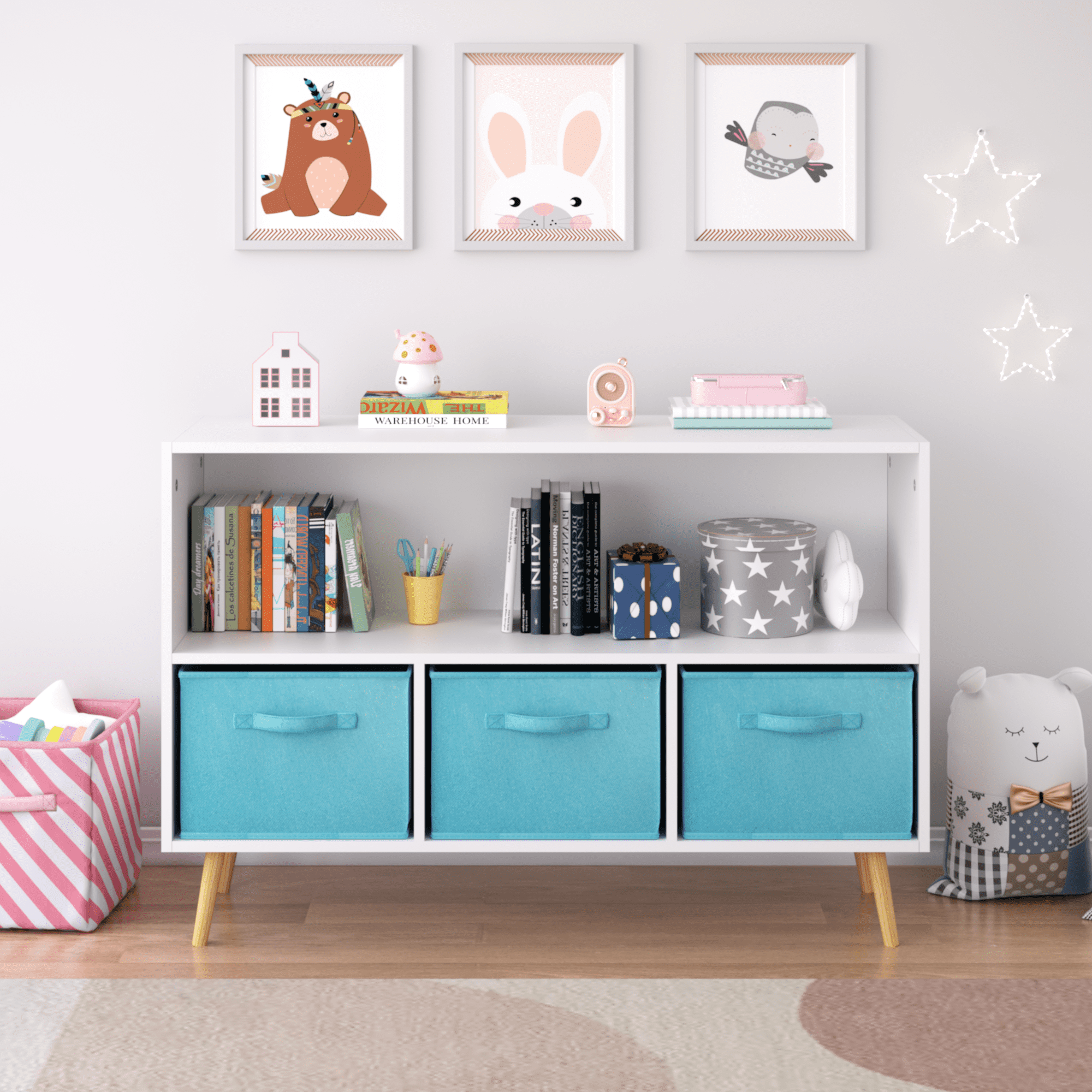 Baby Furniture, Kids bookcase with Collapsible Fabric Drawers, Children's Book Display, Toy Storage Cabinet Organizer, White/Blue, White+Blue Kids Furniture,Mdf Kids Furniture