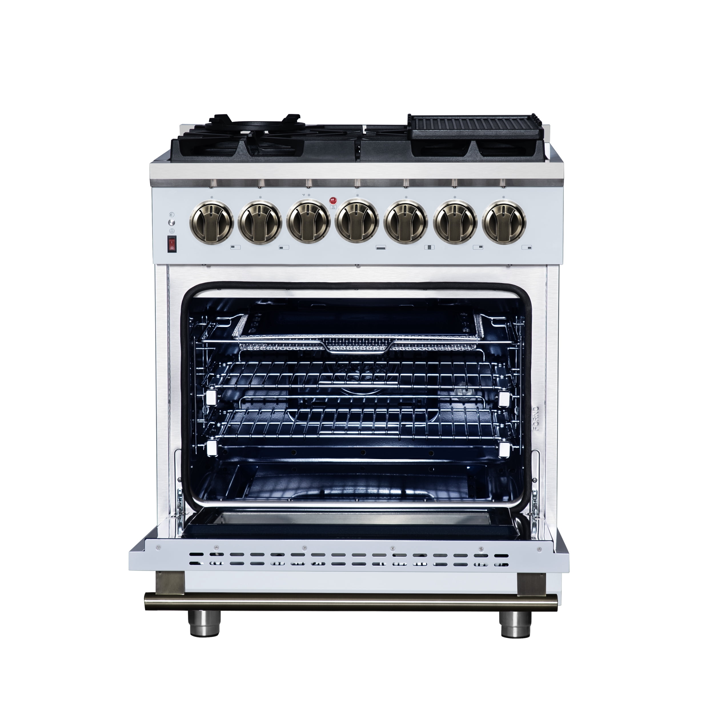 Forno Massimo 30-Inch Freestanding Dual Fuel Range in White with Antique Brass Accessories, 4 Burners, 4.32 cu. ft. Convection Oven