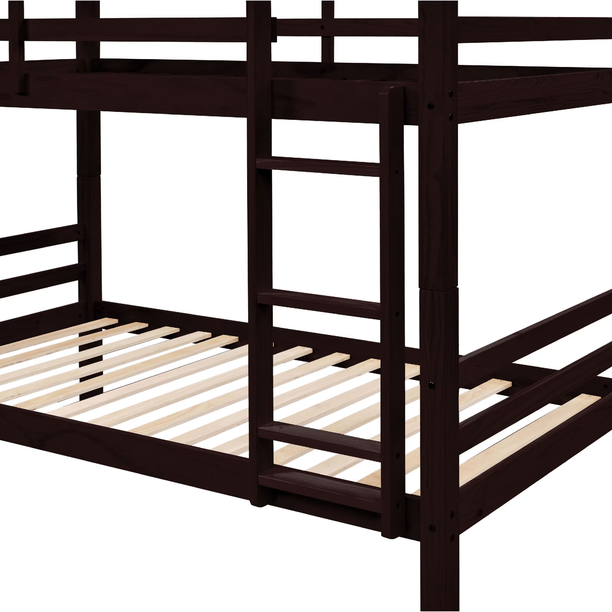 MAYEERTY Twin over Twin Wooden Bunk Bed with High Guardrail and Ladder, Heavy Duty Slat Support for Kids Teens Dorm Rooms Guest Rooms, No Box Spring Needed