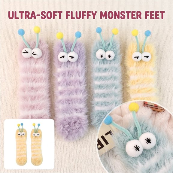 Fabrcox Funny Cartoon Big Eyes Monster Slipper Socks, Thick Warm Winter Indoor Floor Socks, Cozy Casual Loungewear Socks for Sleep (Light Blue)