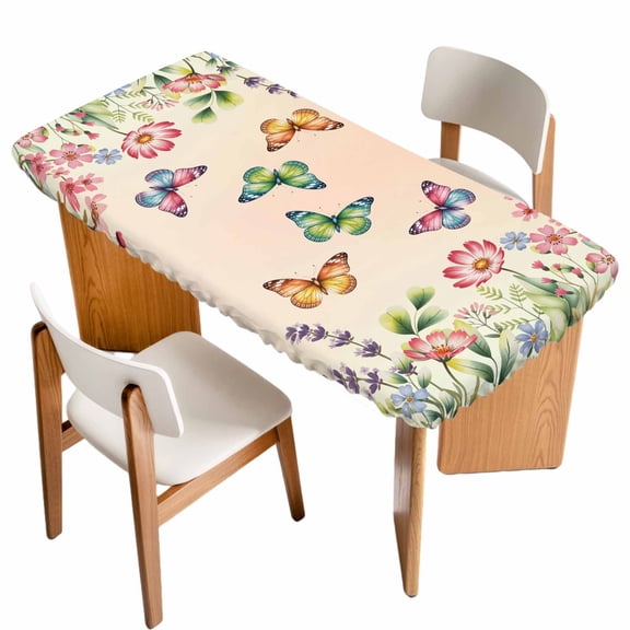 Pink Flowers Table Cloths for 3 Foot Rectangle Tables, Spring Floral Butterfly Elegant Pastoral Botanical Patio Waterproof Elastic Fitted Tablecloths, Washable Rectangular Table Cover for Camping
