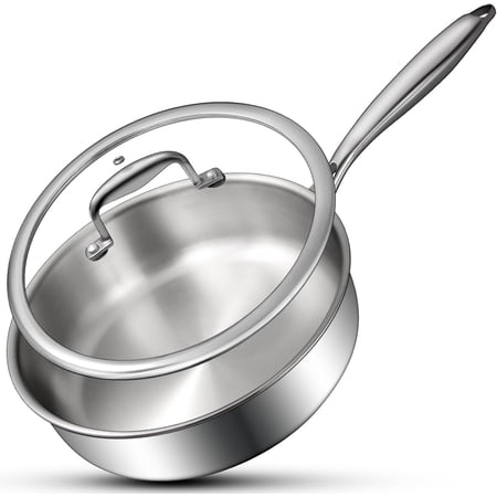 10 Inch Tri-Ply Stainless Steel Frying Pan, 3QT Deep Skillet with Lids, Induction Compatible, Dishwasher and Oven Safe, Fast & Even Heat Distribution, Heavy Duty with Detachable Handle