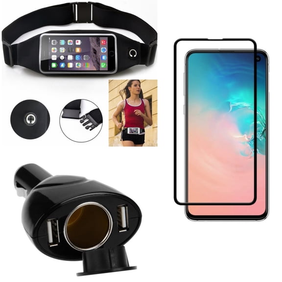 Galaxy S10e Car Charger w Screen Protector w Running Waist Bag - DC Socket 2-Port USB Power, Tempered Glass 5D Curved Edge, Belt Band Sports Gym Workout for Samsung Galaxy S10e Phone