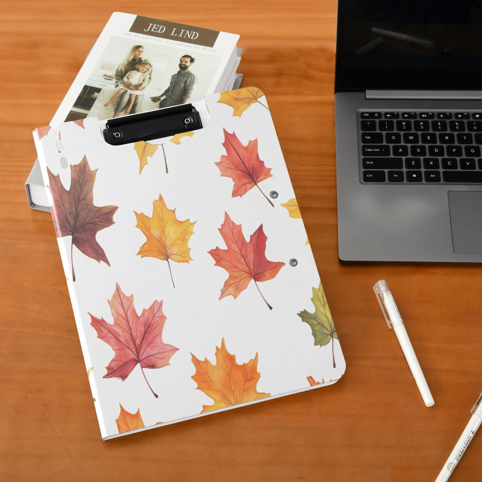 FORMRS A4 Clipboard Folder with Pen Holder Horizontal Foldable School Office Binder, White Autumn Leaves