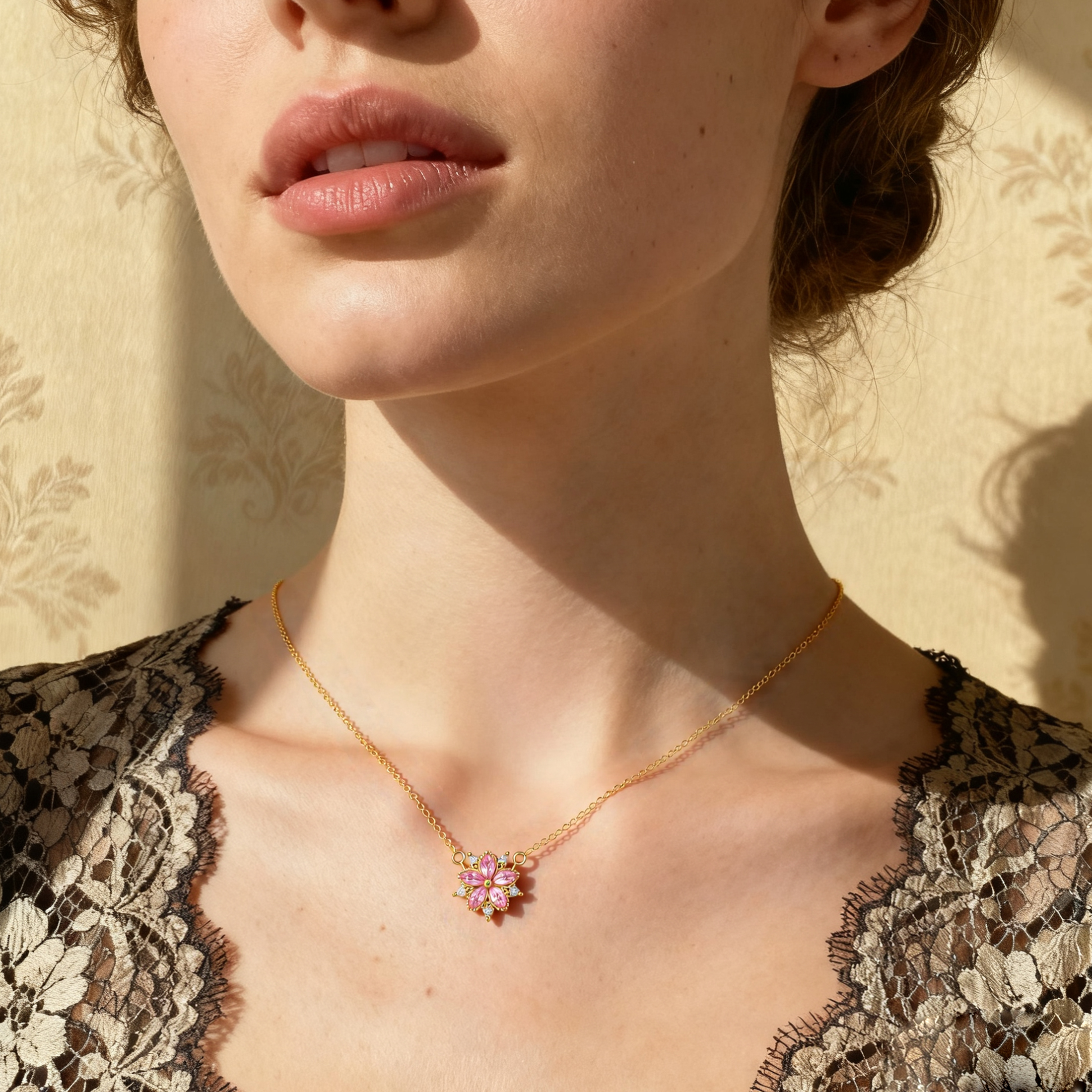 MENGLISI Light Pink Cubic Zirconia Five-Petal Flower Pendant Necklace for Women, 14K Gold Plated Copper