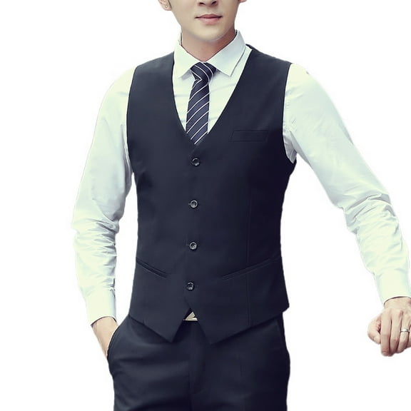 SWSMCLT Men's Waistcoat Business Vest Top Sleeveless Soft Formal Single Breasted Tank Top V Neck Fitted Belted Work Black Small