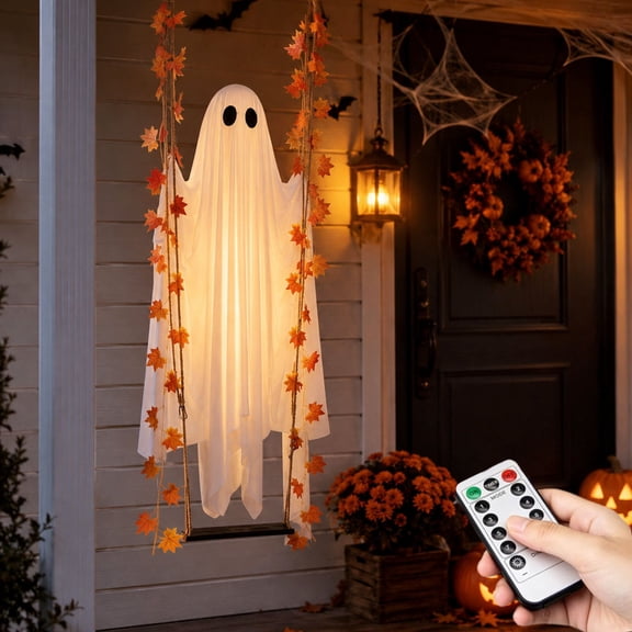 Hanging Swinging Ghost, Halloween Decorations Outdoor Ghost on Swing with Remote Control, 8 Light Modes & Timer, Spooky Cute Ghosts Decor for Porch Front Yard Tree