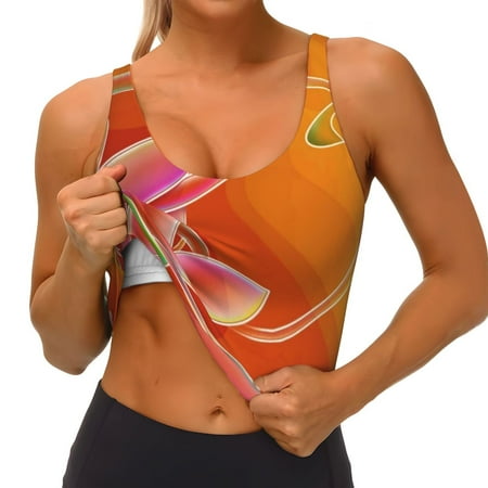 Qokaie Orange Flower Psychedelic Pattern Womens Scoop Neck Sports Bra Breathable Workout Vest Padded U Back Medium Impact Fitness Gym Yoga Bra Workout Crop Top
