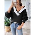 thumbnail image 3 of Womens Sweaters Long Sleeve - Knit Pullover Tops Contrast Color Stitching V-Neck Pullover Sweater Black L, 3 of 7