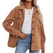 Women‘s Casual Oversize Label Button Down Long Sleeve Blend Wood Plaid Shacket Jacket with Pockets