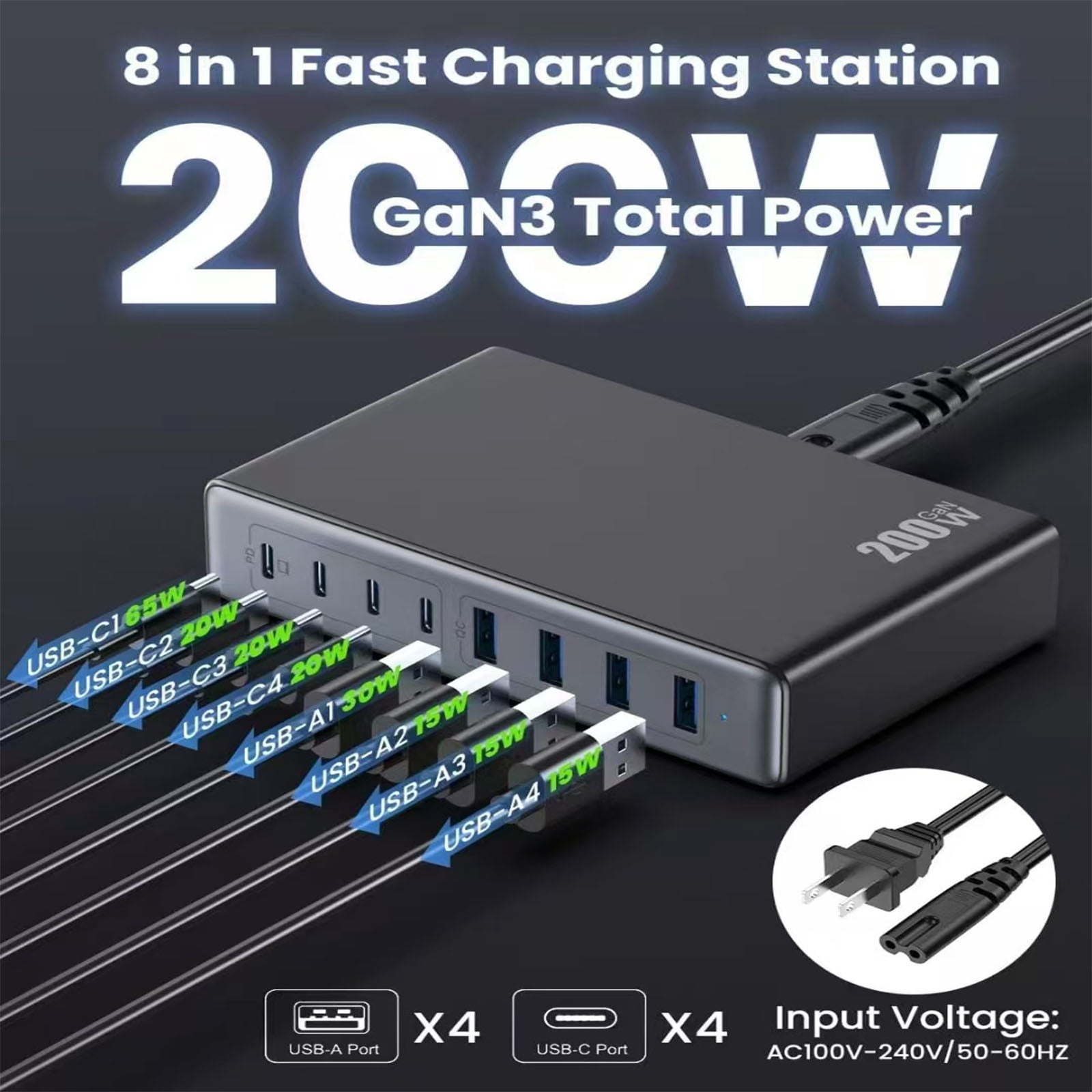 BALoFI 200W USB C Charger Block, Upgraded GaN III 8-Port Fast Charging Station Hub, 65W PD Laptop Charger Compatible with MacBook Pro/Air, Dell, Steam Deck, Galaxy S23/S22
