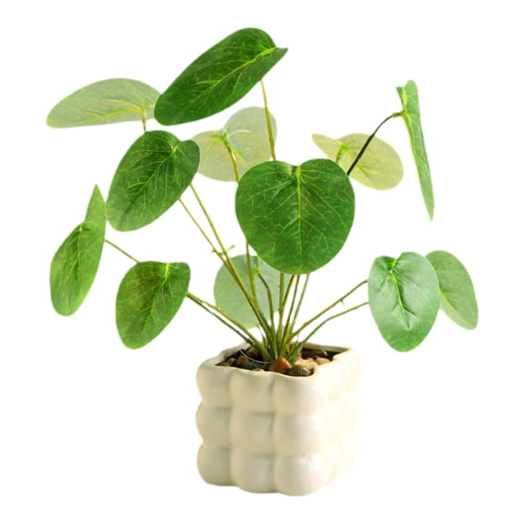 BinKFF Fake Plants in Ceramic Pot, 11" Potted Artificial Plants for Home Decor Indoor Faux Green Leaf Plant with Modern White Planter for Desk Shelf Office Room Decoration