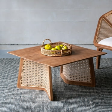 Gzxs 27.6" Square Coffee Table, Modern Teak Wood Tea Table with Rattan Legs, Living Room Center Table for Home Office Bedroom Small Space, Natural