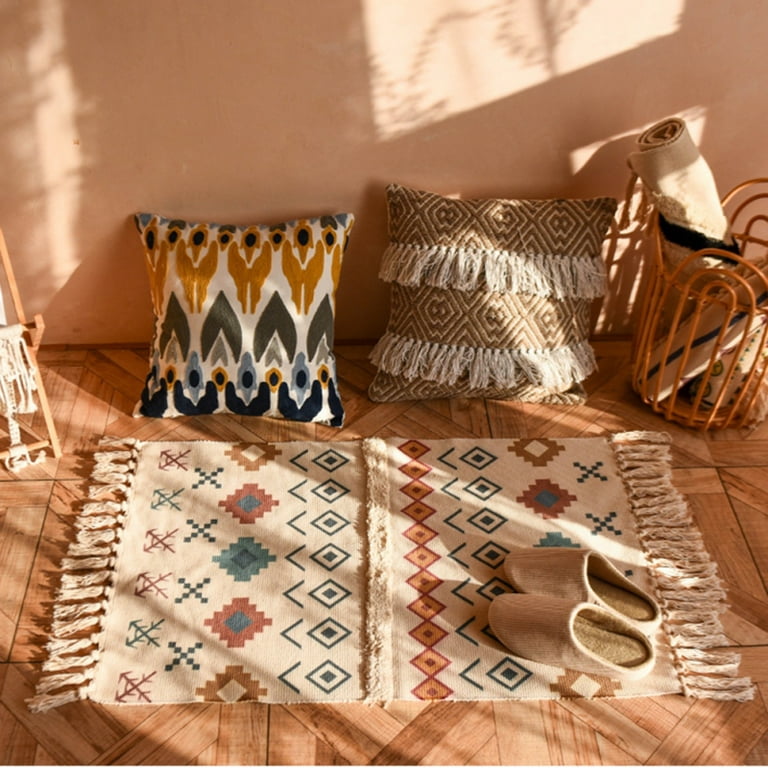 Hand Woven Bohemian Living Room Cotton Linen Handmade Underlay Tassel Rugs  Washable Floor Front Door Mats Outdoor Indoor