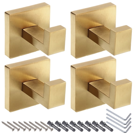 4pcs Bath Towel Hook, Stainless Steel Square Coat Hook Robe Hooks for Hanging Coats, Gold
