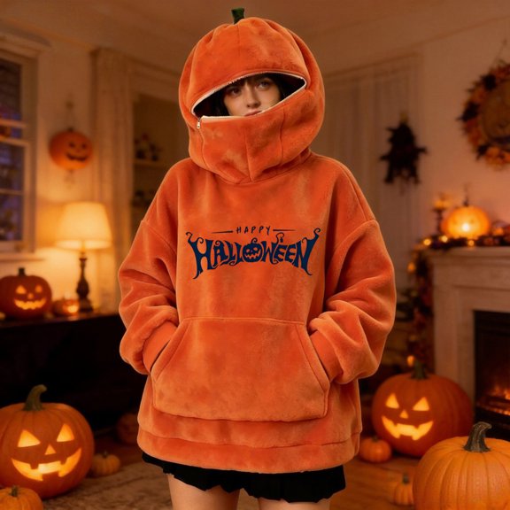 Pumpkin Hoodie Women Oversized Halloween Zip Up Face Hoodies Comfy Funny Cute Fleece Orange Hooded Sweatshirt