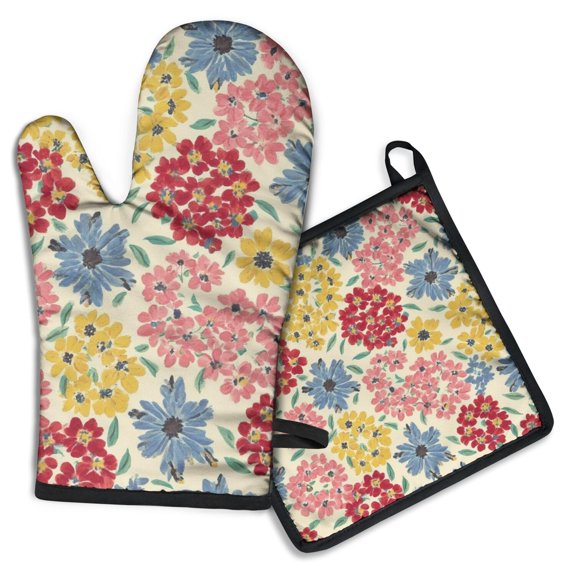 Pioneer Flower Kitchen Oven Mitt and Pot Holder Sets 2 Pcs for Baking, Cooking and Grilling, Heat Resistant Up To 392 °F