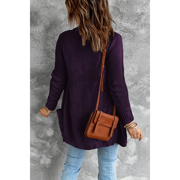 ABPHQTO Cárdigan de mujer morado con bolsillo delantero y cierre de botones