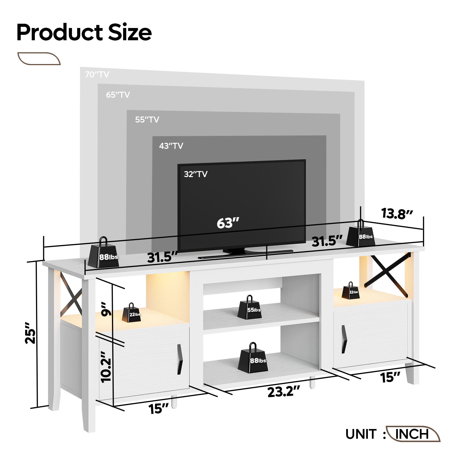 Bestier LED TV Stand for 65 inch TV Entertainment Center for TVs with Storage Cabinet in White