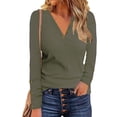 thumbnail image 3 of Blusa acanalada con cuello en V para mujer, manga larga, con botones frontales, informal, ajustada, para fiesta de trabajo al aire libre, 3 of 7
