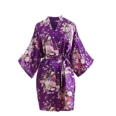 

Intimates Women Cherry Blossom Kimono Dressing Gown Bath Robe Lingerie Nightdress Polyester Simple Long Sleeve Shirts for Women Purple