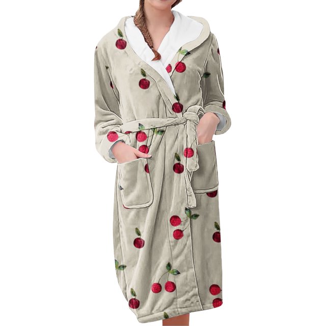 Women's Fleece Plush Robe Long Warm Plush Bathrobe Loungewear Jacket Printed Comfort Robe