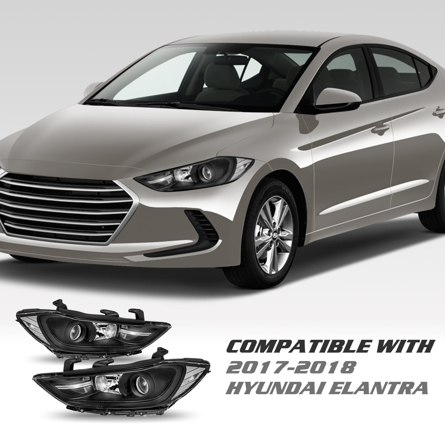 For 2017 2018 Hyundai Elantra Factory Halogen Projector Black Headlight Set Pair