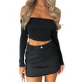 thumbnail image 2 of Women's Off-Shoulder Cropped Tops Solid Color Long Sleeve Ruched Show Navel T-Shirts, 2 of 9
