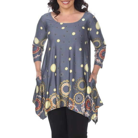 White Mark Womens Plus Sharkbite Hem Floral Tunic Top