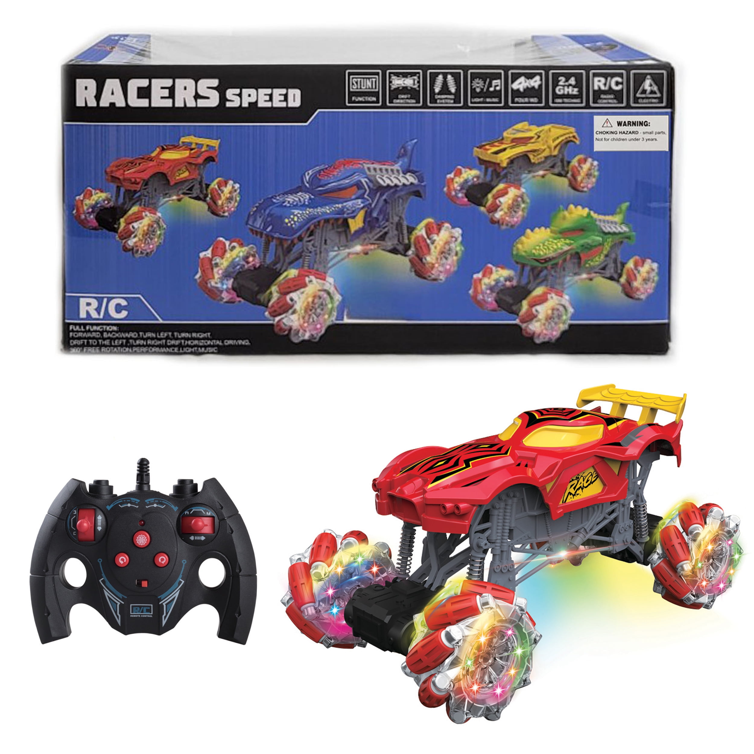 Remote Control Monster Truck 1:16 Scale – 2.4 GHz Stunt & Drift RC Car with Light-Up Headlights, 360° Rotating Crawler for Kids