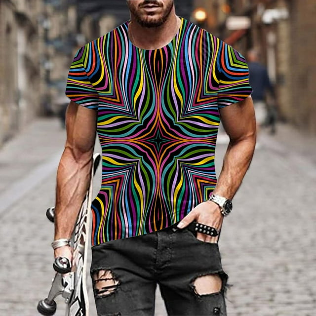 EGNMCR Men's Fashion Summer Neckline T-shirt Printing Pattern Short Sleeve