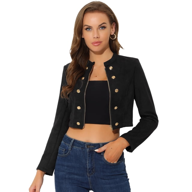 Chaqueta corta de manga larga con cremallera y cuello levantado de ante sintético para mujer Negro XS