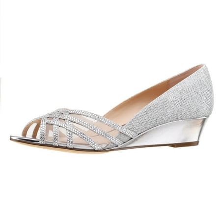 FSJ Women Stylish Peep Open Toe Wedges Low Heel Pumps Sparkle Rhinestone Slip On Comfy Formal Wedding Bridal Office Work Dressy Shoes Size 5.5 White