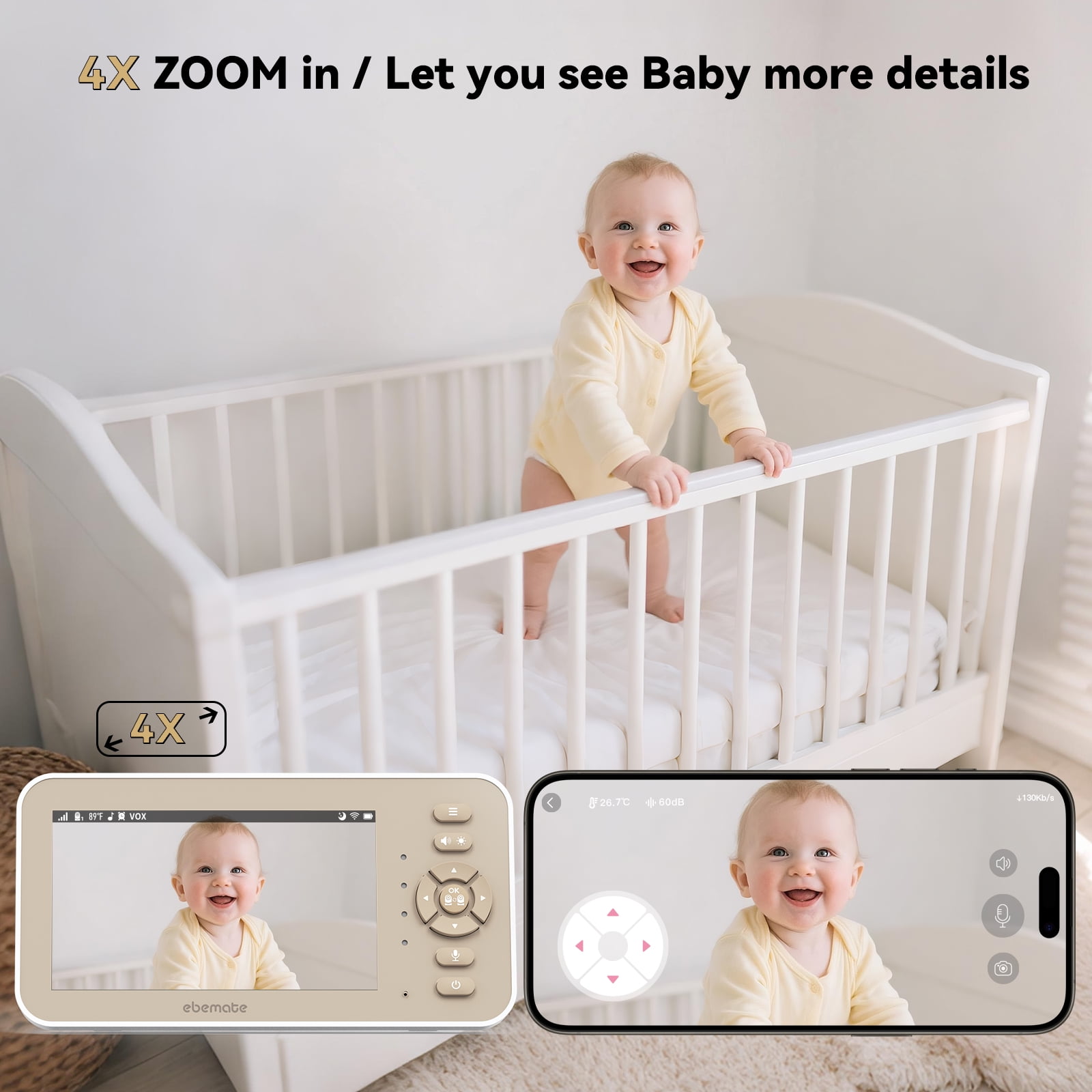 ebemate Video Baby Monitor Camera with Two Camera, 5" LCD Screen Video & Audio No Glow Night Vision,2-Way Talk Audio Cam Baby Monitoring 1500FT Range EBE50P-2
