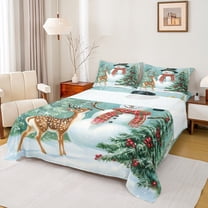 Manfei Christmas Snowman Child Queen Sheet Sets, Jungle Magic Reindeer Flat Sheet, Happy New Year Queen Fitted Sheet, Breathable Home Decor, 4pcs