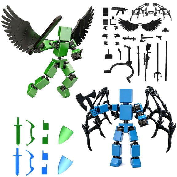 2Pack T13 Action Figure Set,3D Printed Robot Titan Dummy,Fully Articulated Robot Models DIY Assembly Kit with Wings,Supports and Replaceable Hand Accessories