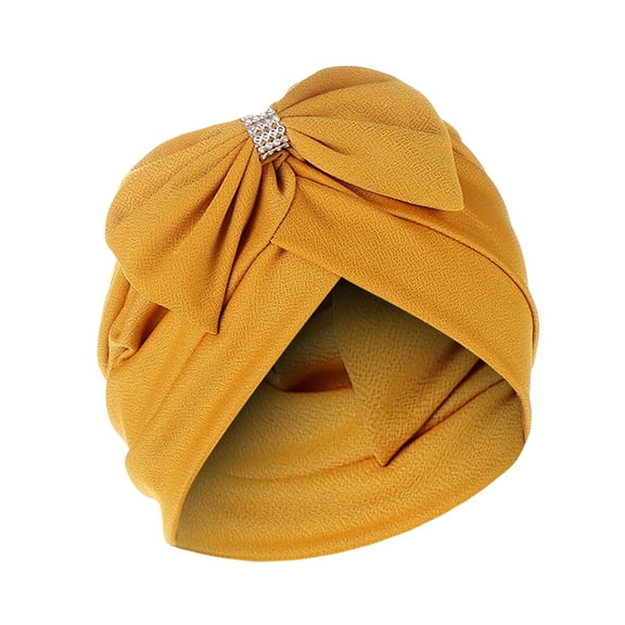 IROINNID Women's Solid Bowknot India Muslim Ruffle Head Scarf Head-wear Wraps Turbans Beanie Cap Head-wraps,Yellow