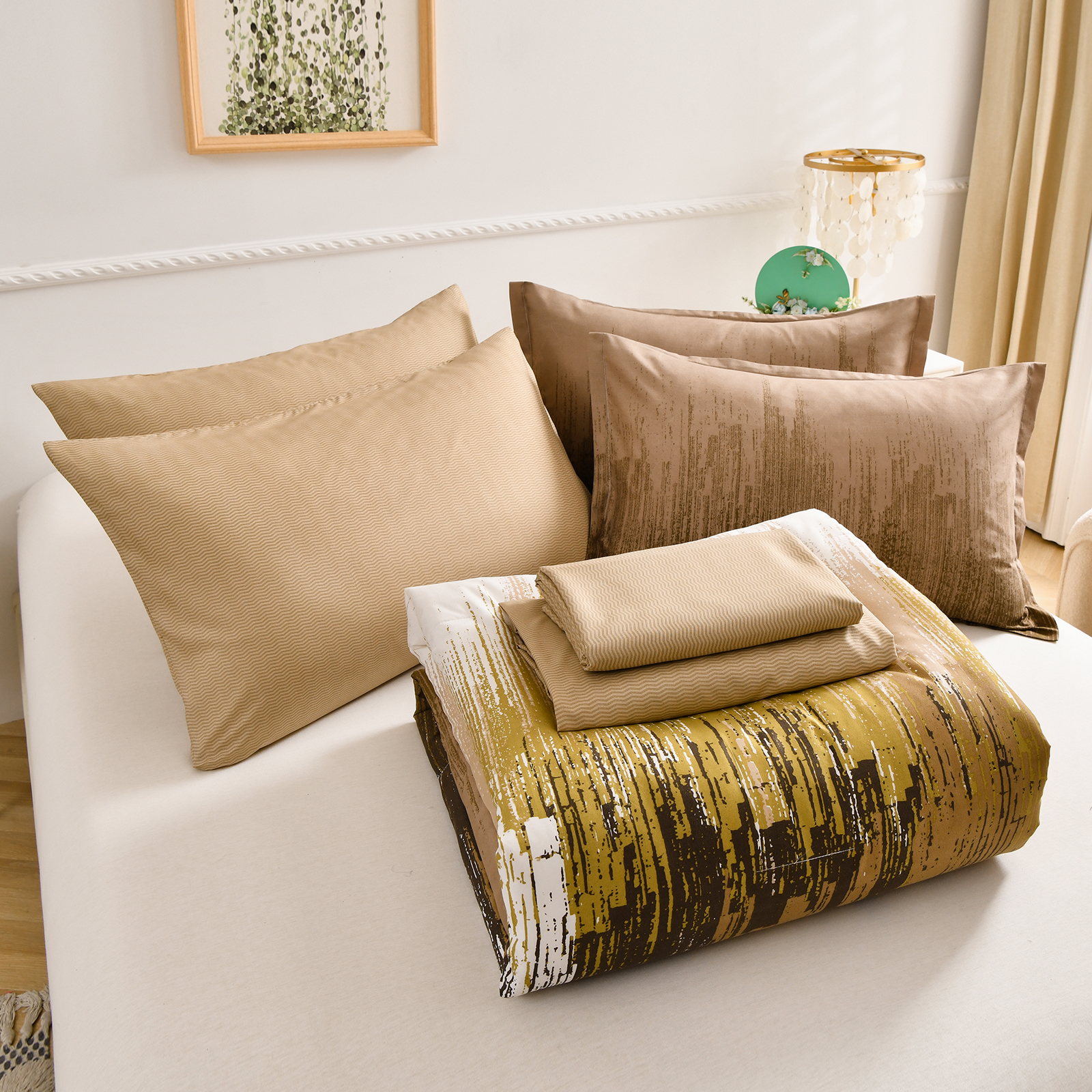 Dintszyayue Khaki Comforter Set King,7Pcs Abstract Gradient Soft Bed in a Bag Fitted Sheet Adult(90"x104")