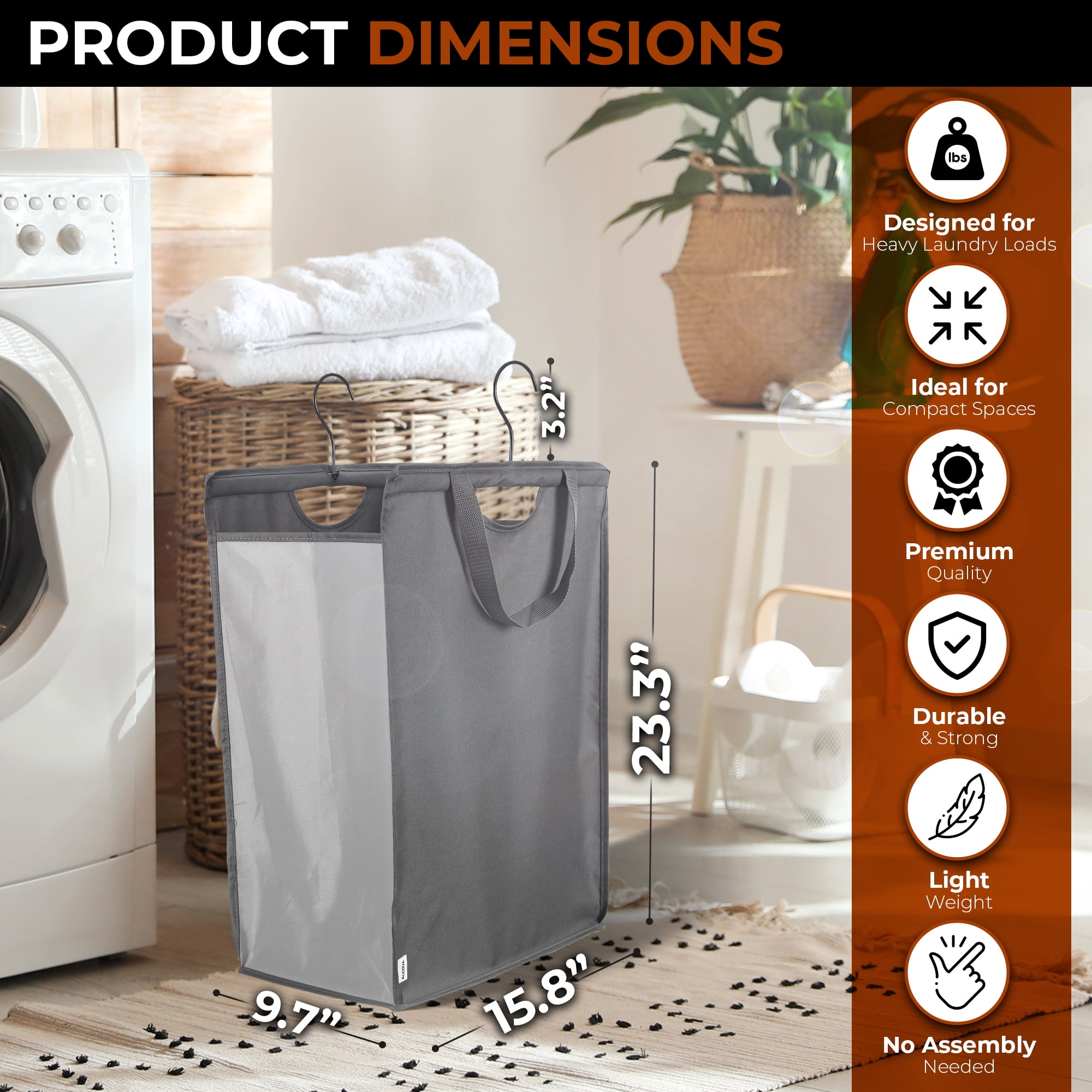 ALCOVA Hanging Laundry Hamper, Slim Space-Saving Hanging Closet Laundry Bags, Heavy Duty Mesh Bag with Handles and Hooks, Grey (2 pack)