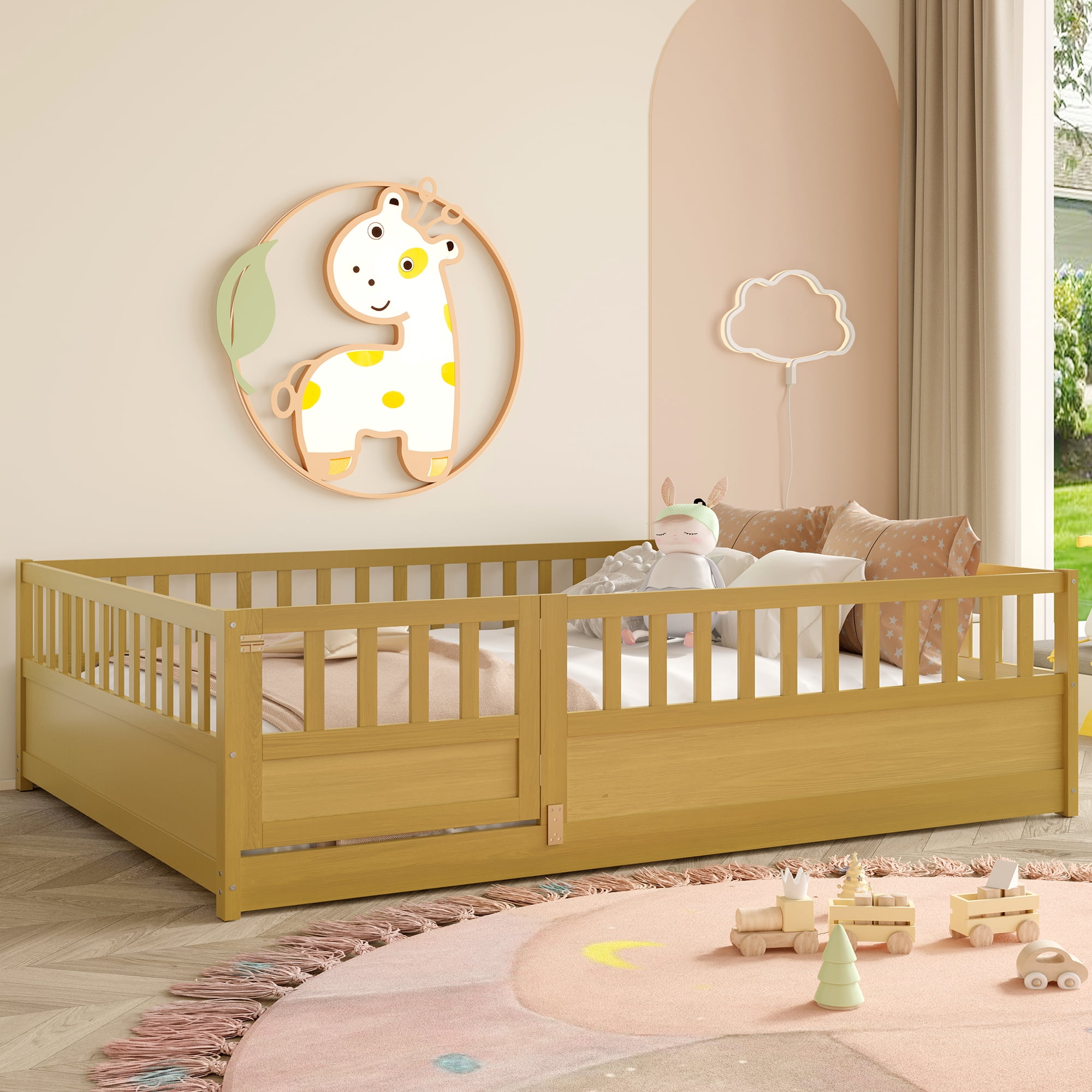 Floor Bed, Low-Profile Bed Frame, Full Size Bed with High Safety Barrier, Door and Support Slats for Stability, Solid Pine Wood Construction, Natural Wood