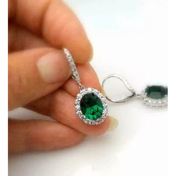 Women's 2.50Ct Oval Cut Simulated Green Emerald Women's Dangle Halo Earrings 14K White Gold Plated 925 sILVER