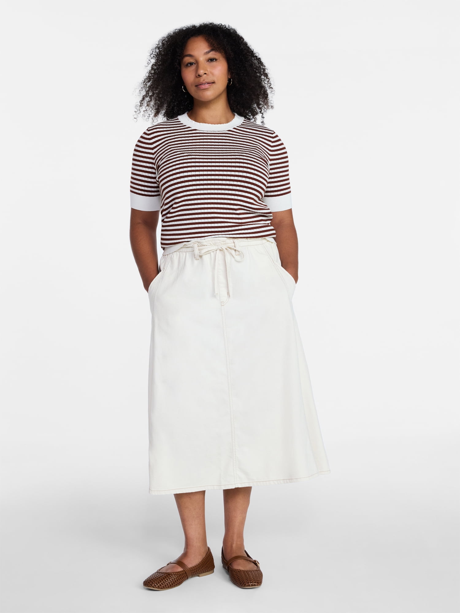 Time and Tru Women's Tie Waist Denim Midi Skirt, Sizes XS-XXXL