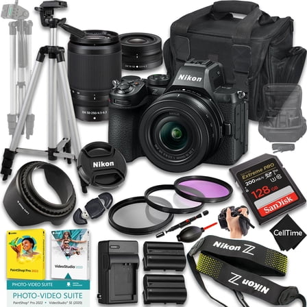 Nikon Z5 II Mirrorless Camera with Z DX 16-50mm f/3.5-6.3 VR And 50-250mm f/4.5-6.3 VR Lens   128 GB Memory   Extra Battery   Camera Case   Tripod   More (24pc Bundle)