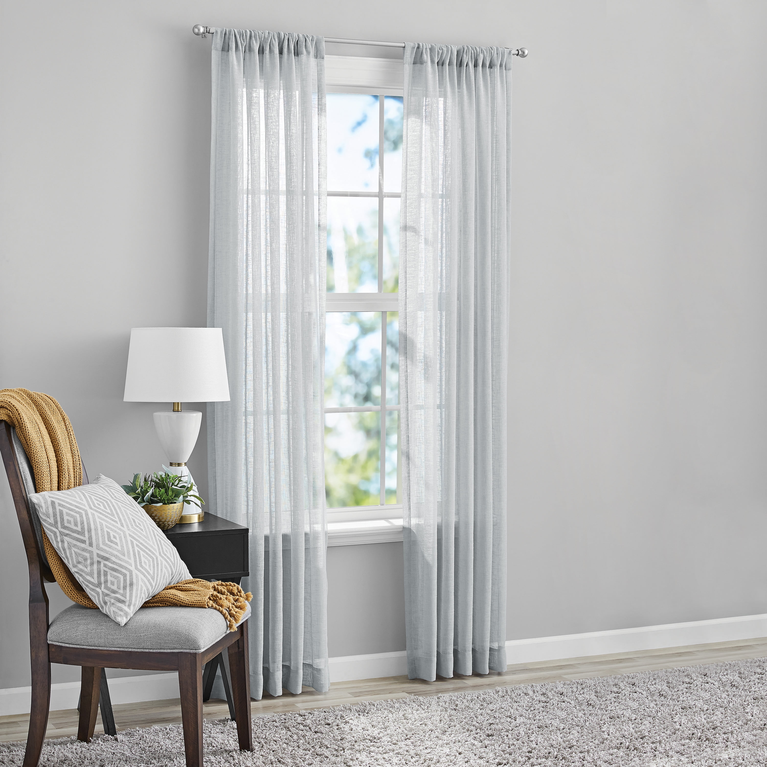 (2 pack) Mainstays Bel Air Sheer Wide Single Curtain Panel, Silver, 50" W x 95" L
