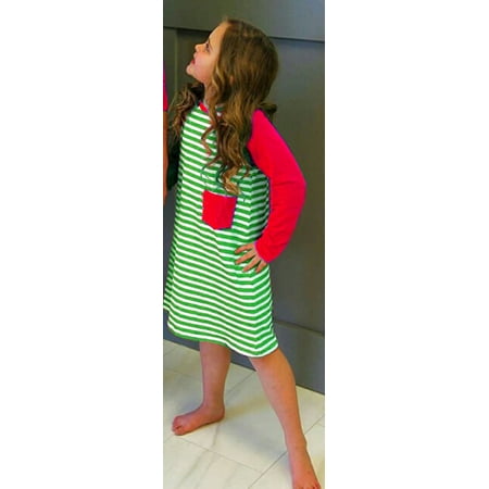 

Pudcoco Mommy and Me Matching Pajama Dress Long Sleeve Round Neck Striped Printed Dress Over Knee Family Sleepwear Clothes
