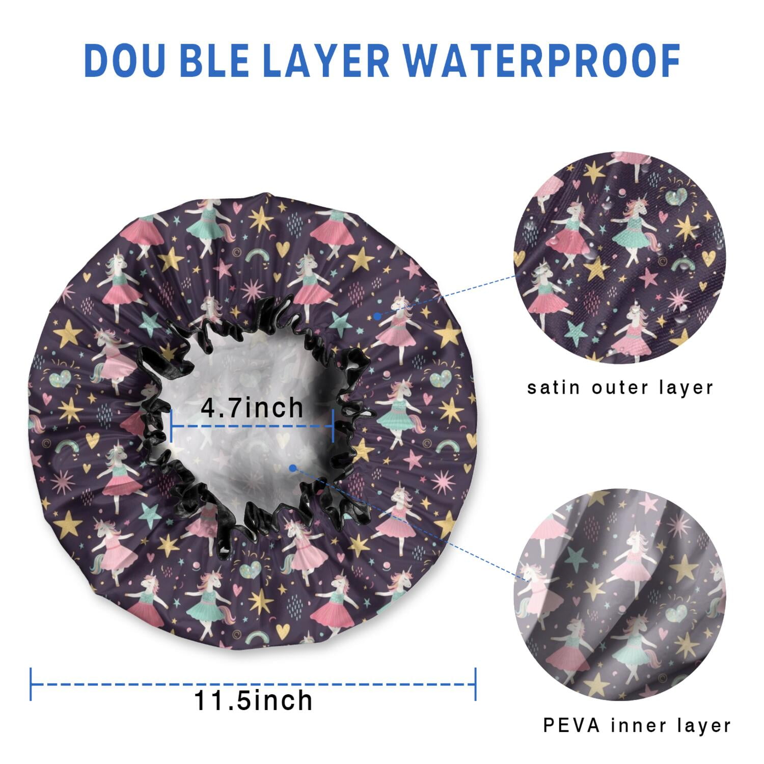 Shower Caps,Cartoon Unicorn Star Heart Pattern Waterproof Shower Cap for Women 4 Pieces,Double Reusable Hair Cover for Shower PEVA Elastic Stretch Hem