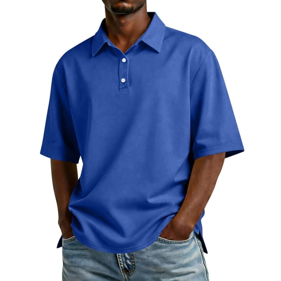 Dresfit Polo Shirts Mens Collared Short Sleeve Business T Shirts Button Down Cotton Loose Golf Tees Chest Pockets Big and Tall Tops Blue 2XL