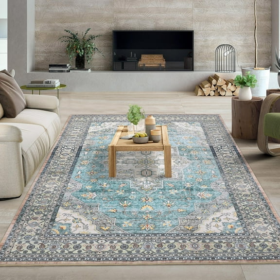 CAROMIO Vintage Washable Area Rug for Living Room Oriental Floral Distressed Carpet for Bedroom Low Pile Rug, 9' x 12' Blue