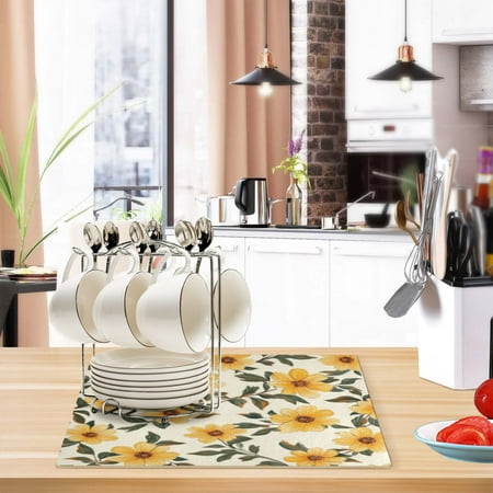 

Kitchen Leather Drying Mat 17.7*11.8*0.12 Inch Kitchen Drying Mat Coffee Machine Mat Dish Drying Mats Fast Water Absorption Beautiful Fashion Cartoon Flower2